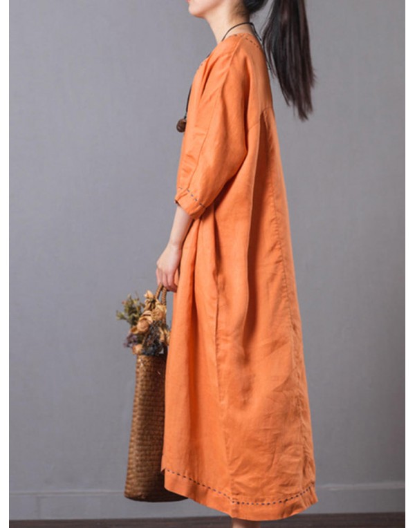 Casual Women Pure Color V-Neck Pocket Baggy Cotton Maxi Dress