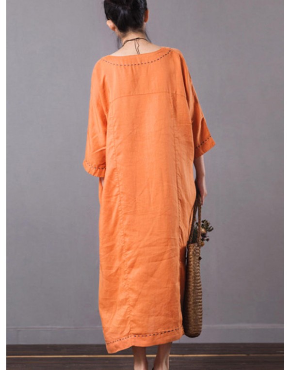 Casual Women Pure Color V-Neck Pocket Baggy Cotton Maxi Dress