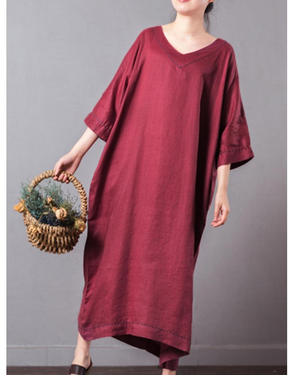 Casual Women Pure Color V-Neck Pocket Baggy Cotton Maxi Dress