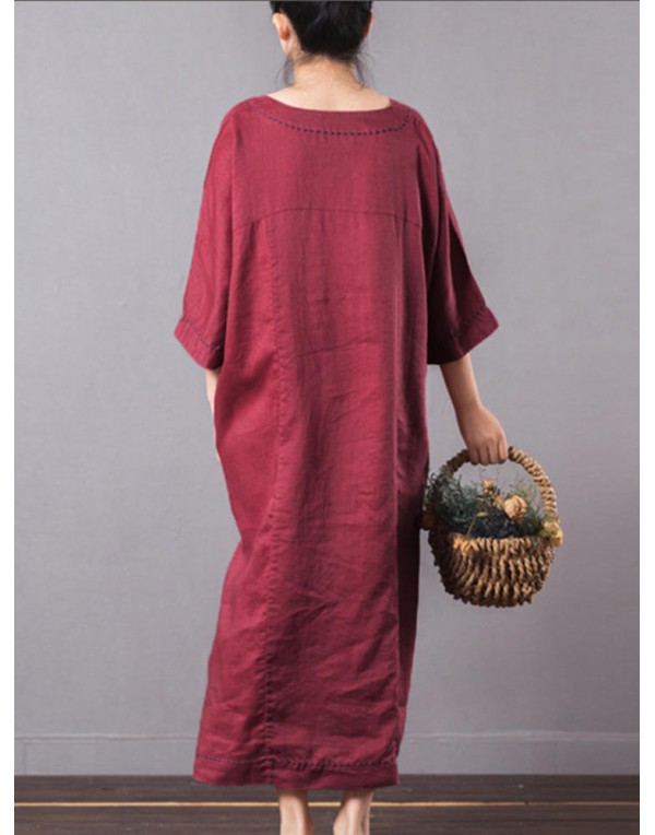 Casual Women Pure Color V-Neck Pocket Baggy Cotton Maxi Dress