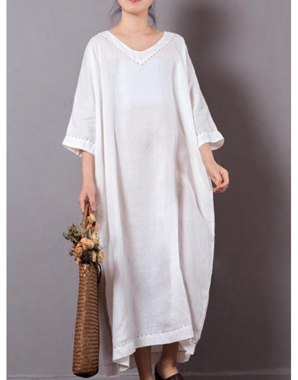 Casual Women Pure Color V-Neck Pocket Baggy Cotton Maxi Dress