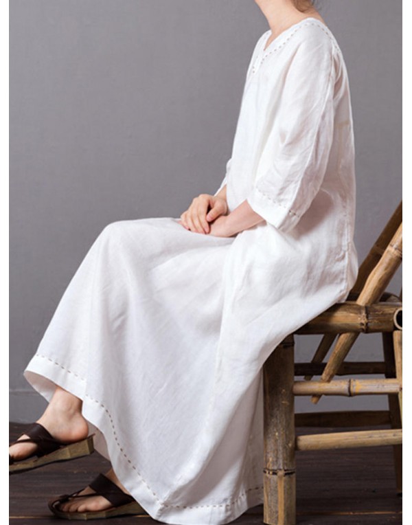 Casual Women Pure Color V-Neck Pocket Baggy Cotton Maxi Dress