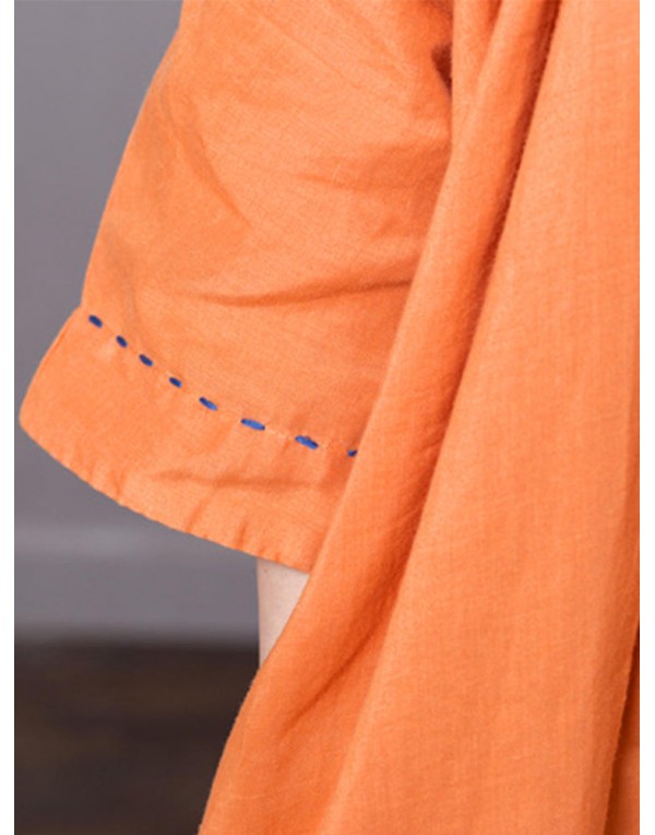 Casual Women Pure Color V-Neck Pocket Baggy Cotton Maxi Dress