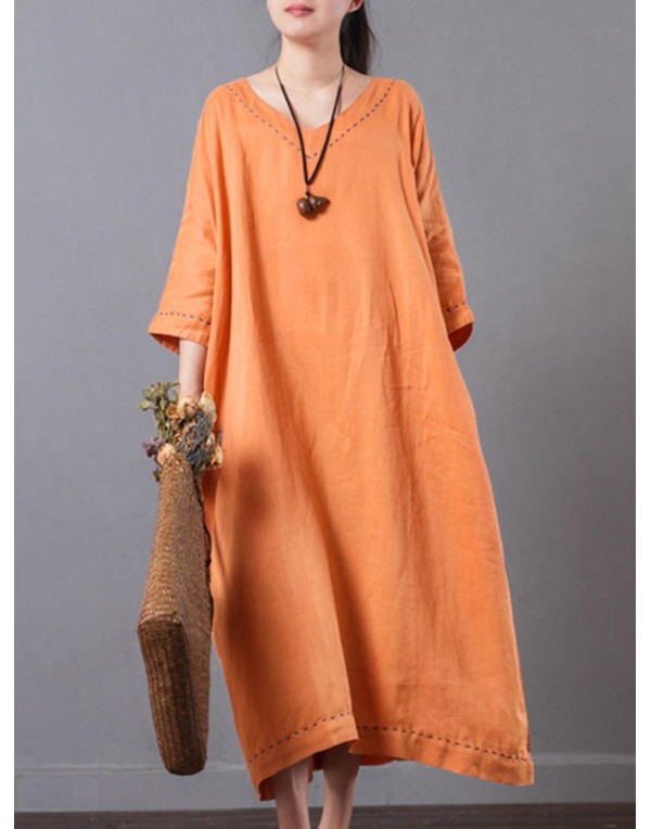 Casual Women Pure Color V-Neck Pocket Baggy Cotton Maxi Dress