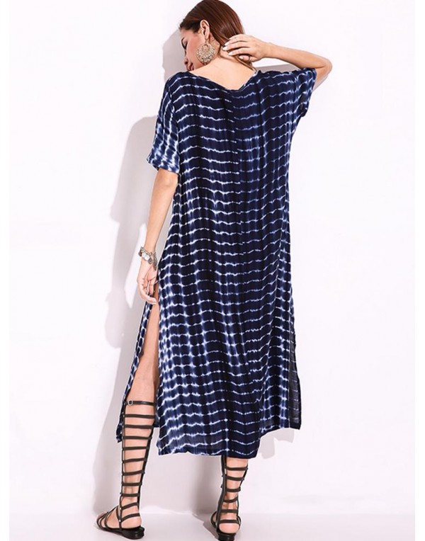 Snake Print Dyeing Split Tie Short Sleeve Maxi Dre...