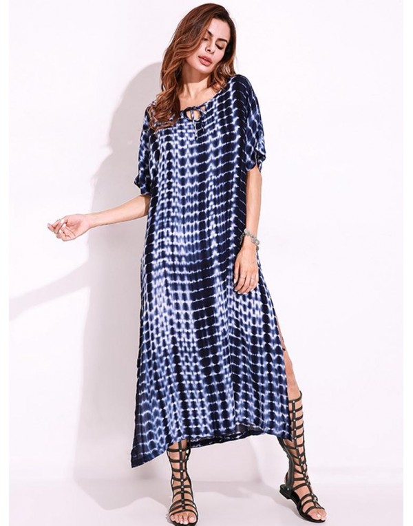 Snake Print Dyeing Split Tie Short Sleeve Maxi Dress For Women