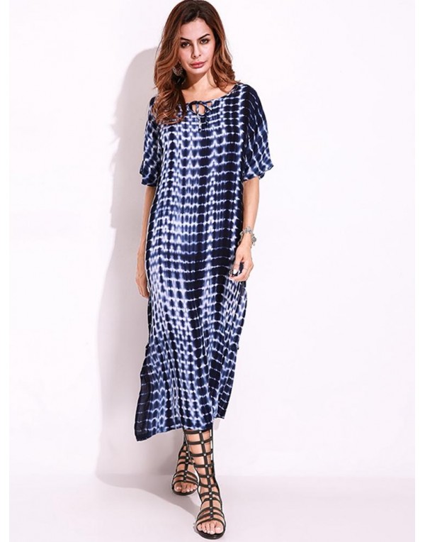 Snake Print Dyeing Split Tie Short Sleeve Maxi Dress For Women