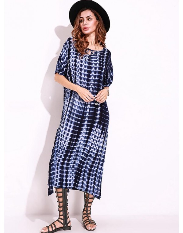 Snake Print Dyeing Split Tie Short Sleeve Maxi Dress For Women