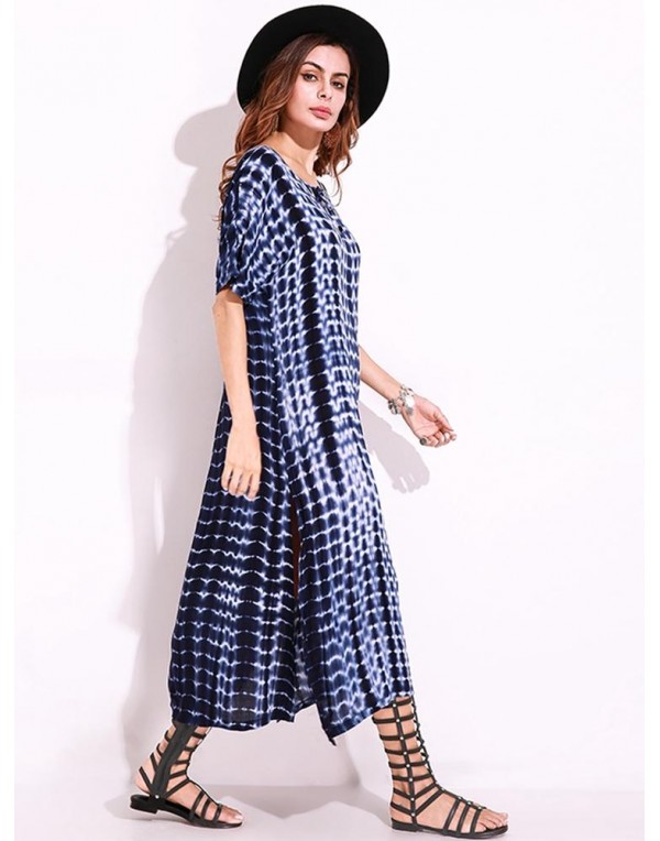 Snake Print Dyeing Split Tie Short Sleeve Maxi Dress For Women