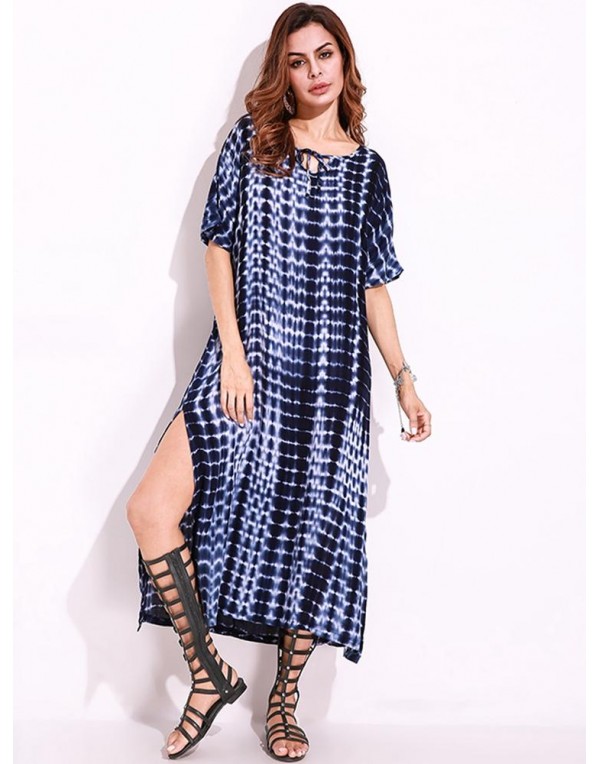 Snake Print Dyeing Split Tie Short Sleeve Maxi Dress For Women