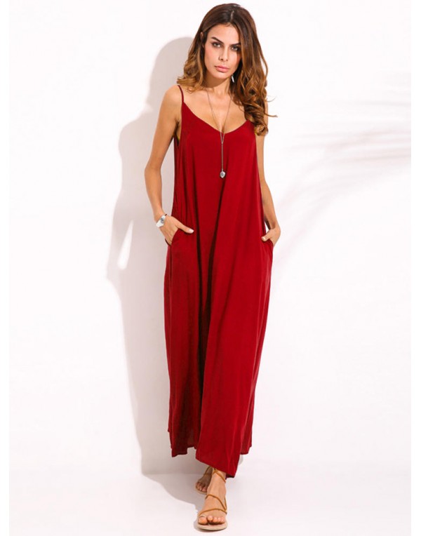 Casual Women Spaghetti Strap V-neck Long Maxi Dres...