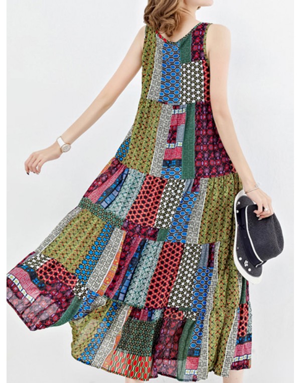 Gracila Bohemian Women Sleeveless Patchwork O-Neck Maxi Tank Dress