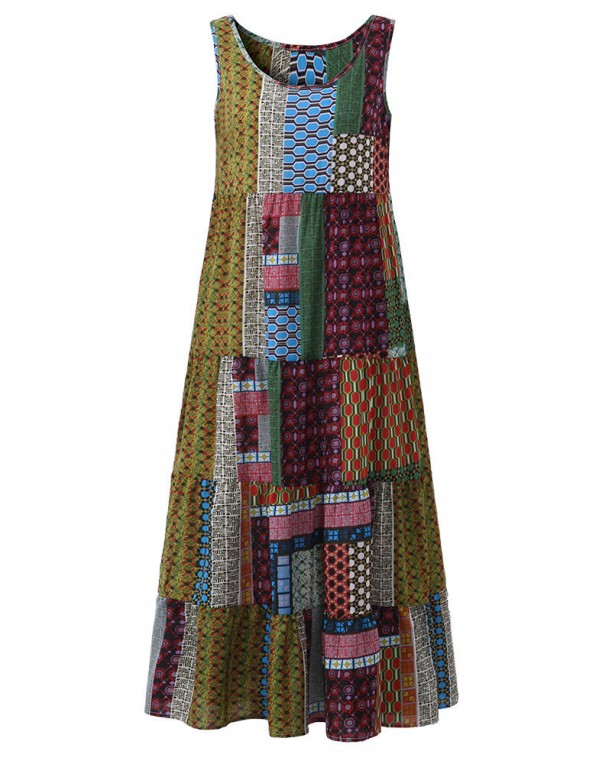 Gracila Bohemian Women Sleeveless Patchwork O-Neck Maxi Tank Dress