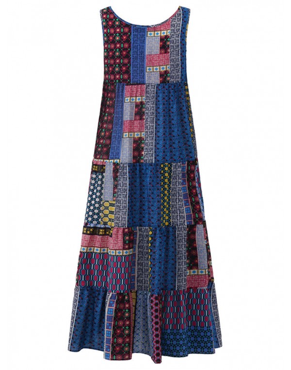 Gracila Bohemian Women Sleeveless Patchwork O-Neck Maxi Tank Dress