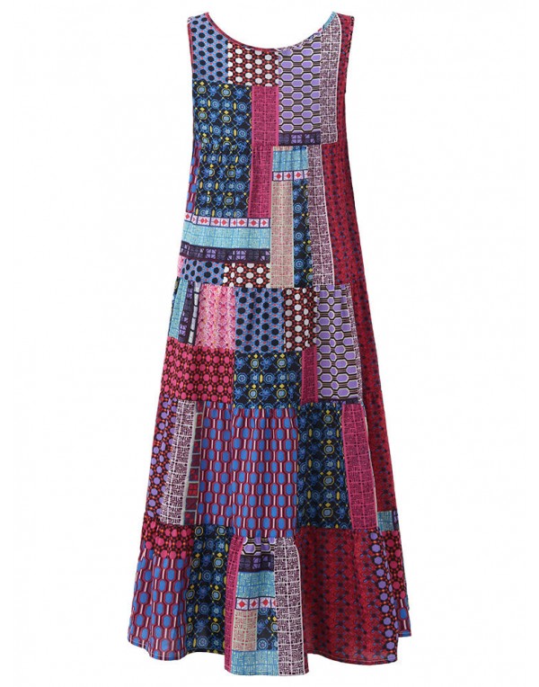 Gracila Bohemian Women Sleeveless Patchwork O-Neck Maxi Tank Dress