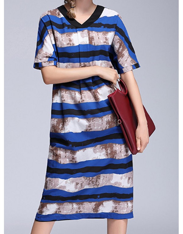 Loose Women Dress Short Sleeve V-Neck  Striped Chiffon Dresses