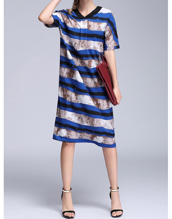 Loose Women Dress Short Sleeve V-Neck  Striped Chiffon Dresses