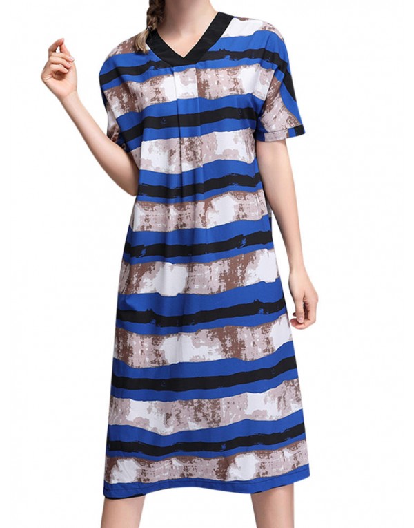 Loose Women Dress Short Sleeve V-Neck  Striped Chiffon Dresses