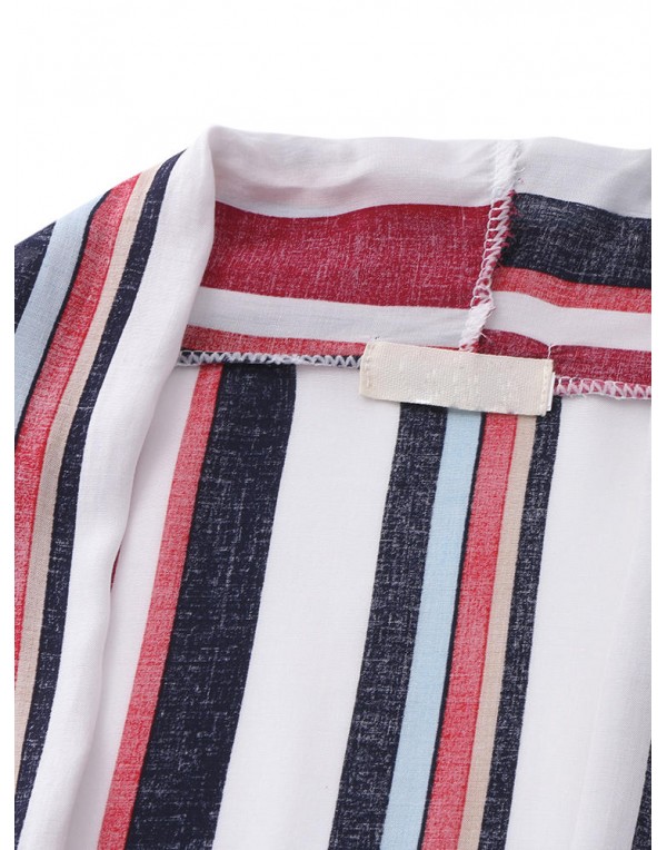 Women Colorful Striped 3/4 Sleeve Irregular Hem Cardigans