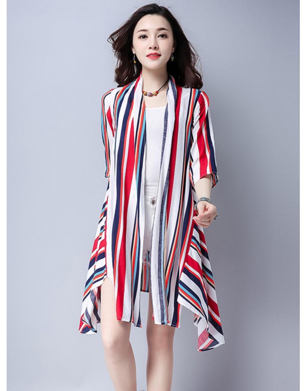 Women Colorful Striped 3/4 Sleeve Irregular Hem Cardigans