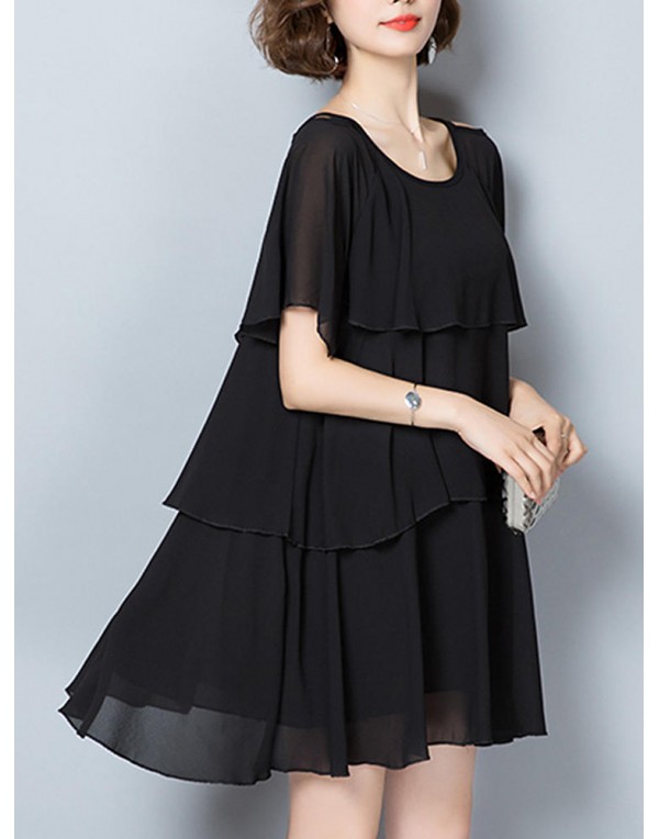 Elegant Women Chiffon Dress Loose Chiffon Tiered Black Mini Dresses