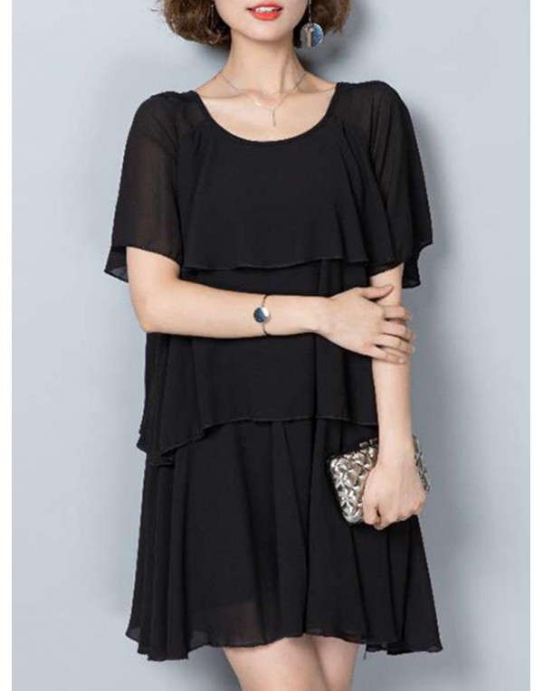 Elegant Women Chiffon Dress Loose Chiffon Tiered Black Mini Dresses