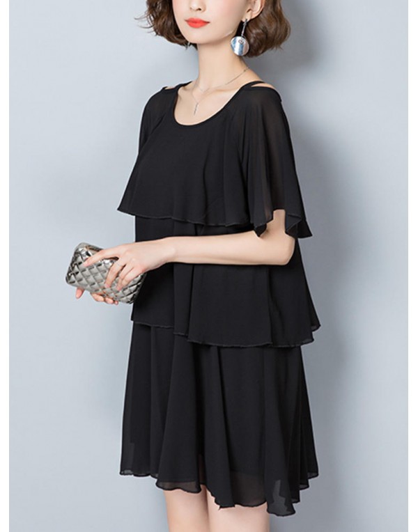 Elegant Women Chiffon Dress Loose Chiffon Tiered Black Mini Dresses