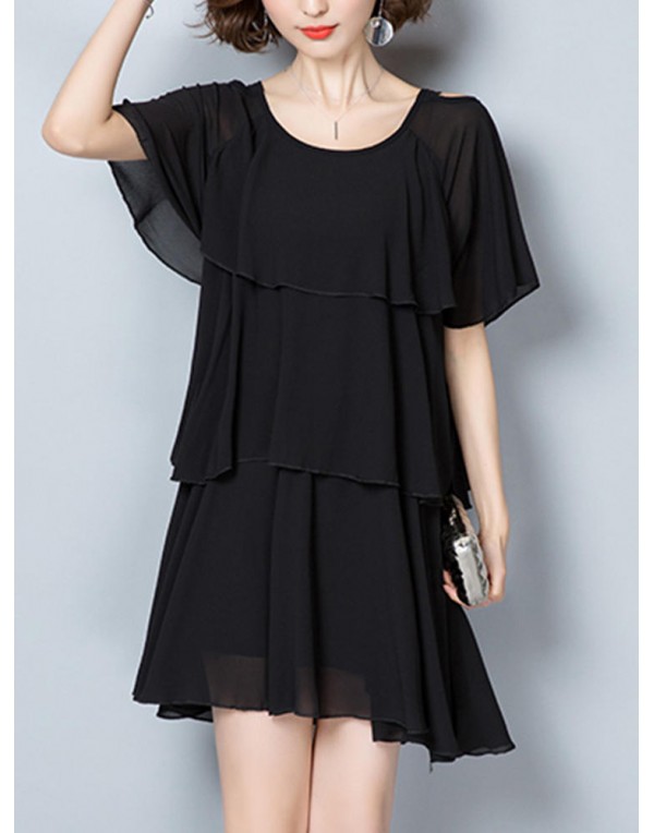 Elegant Women Chiffon Dress Loose Chiffon Tiered Black Mini Dresses