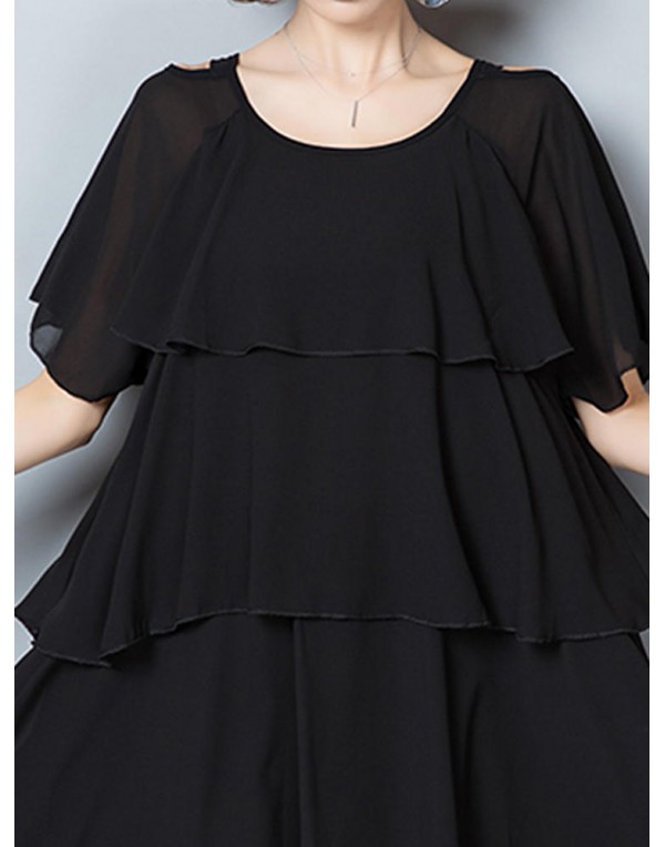 Elegant Women Chiffon Dress Loose Chiffon Tiered Black Mini Dresses