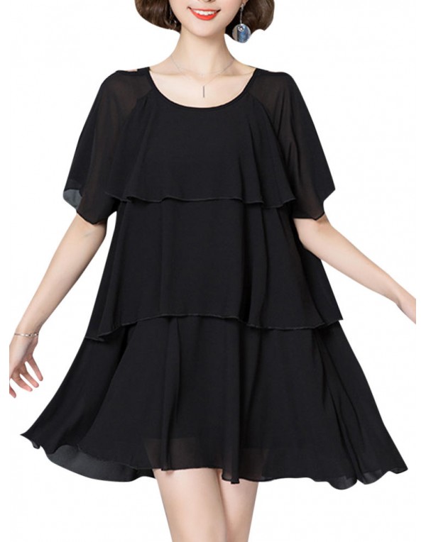 Elegant Women Chiffon Dress Loose Chiffon Tiered Black Mini Dresses