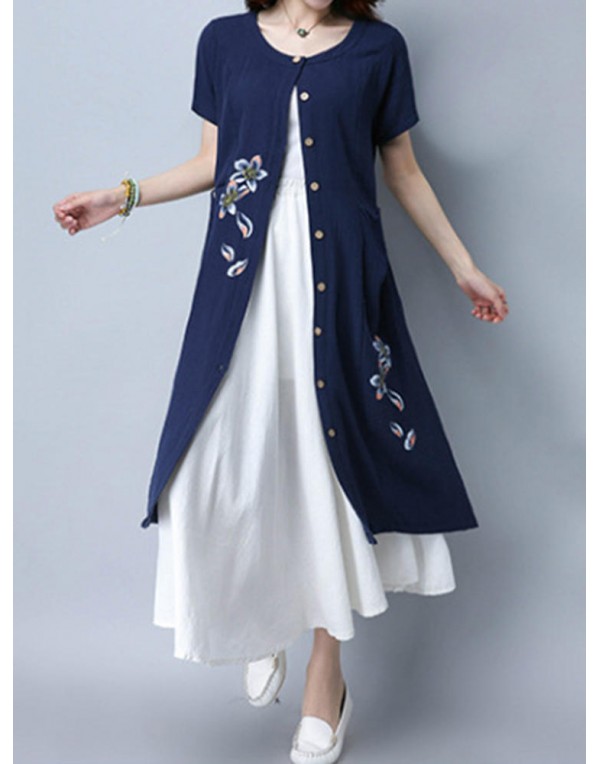 Women Short Sleeve Floral Print Loose Cardigan Buttons Pocket Dresses