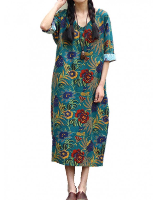 Women Loose Cotton Linen Retro Printing 3/4 Sleeve Dress