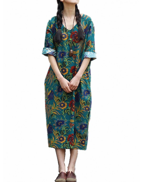 Women Loose Cotton Linen Retro Printing 3/4 Sleeve Dress