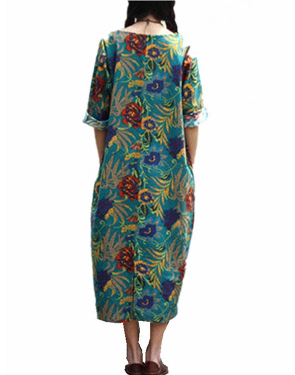 Women Loose Cotton Linen Retro Printing 3/4 Sleeve Dress