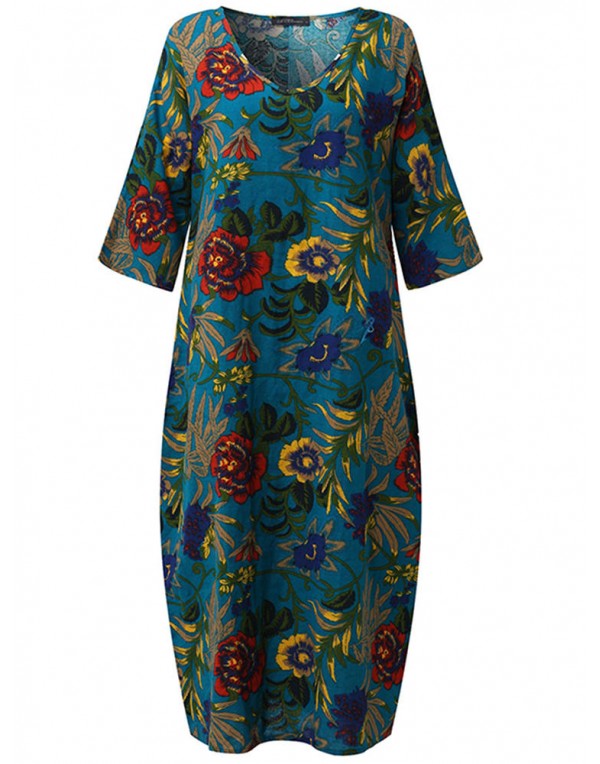 Women Loose Cotton Linen Retro Printing 3/4 Sleeve Dress