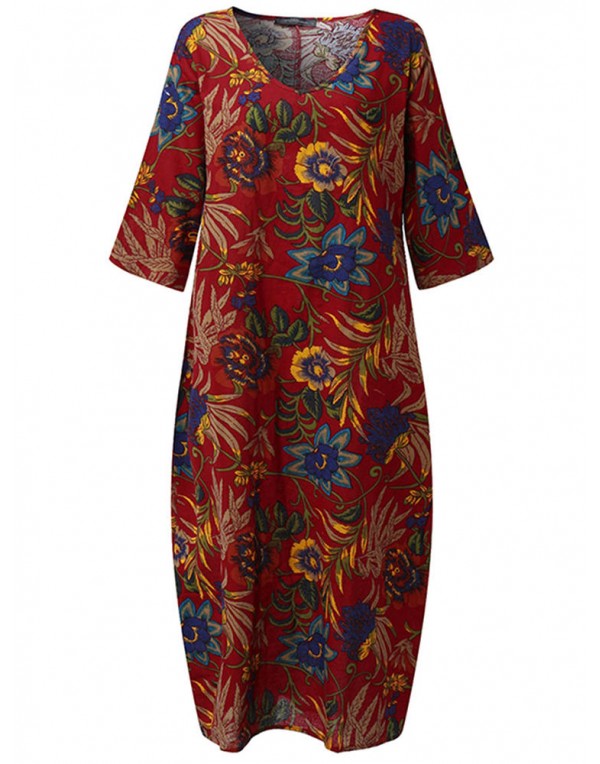 Women Loose Cotton Linen Retro Printing 3/4 Sleeve Dress