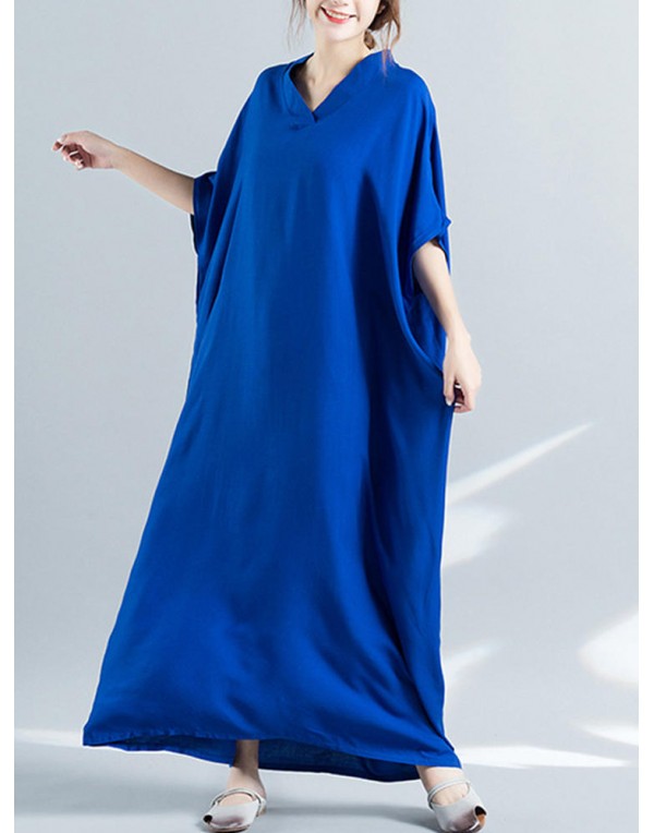 Women Loose Casual Pure Color Batting Sleeve Tunic Maxi Dress