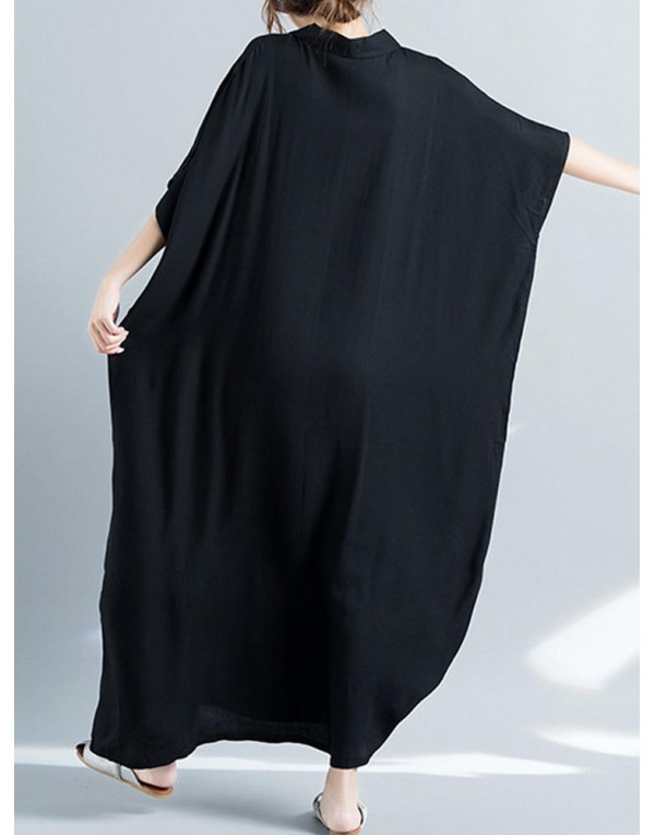 Women Loose Casual Pure Color Batting Sleeve Tunic Maxi Dress