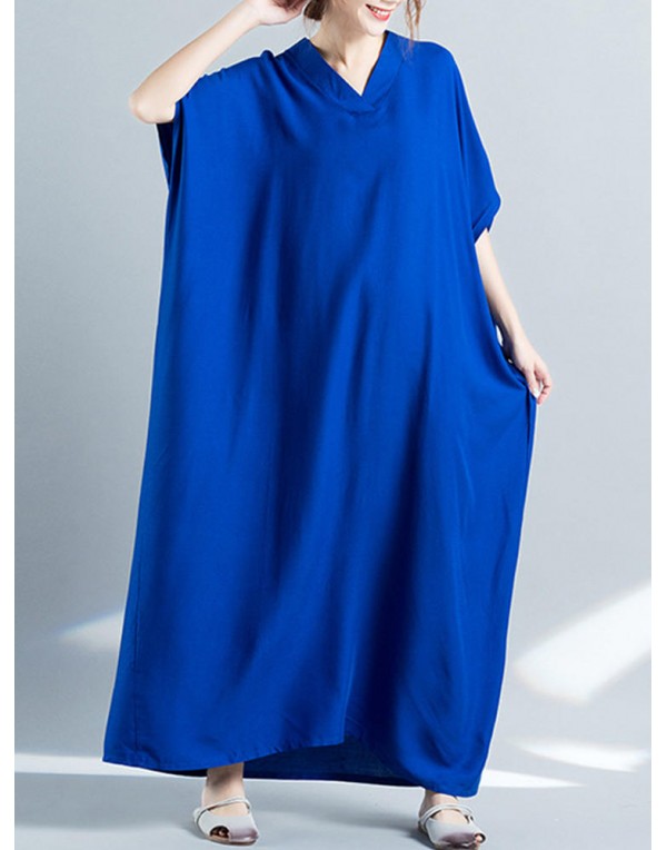 Women Loose Casual Pure Color Batting Sleeve Tunic Maxi Dress