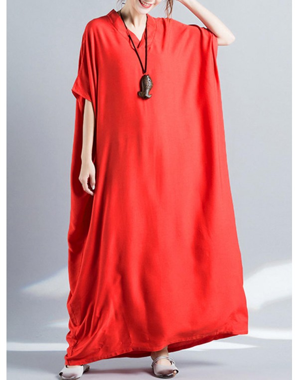 Women Loose Casual Pure Color Batting Sleeve Tunic Maxi Dress