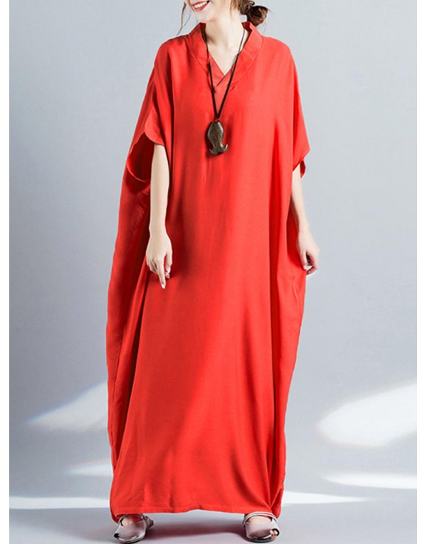 Women Loose Casual Pure Color Batting Sleeve Tunic Maxi Dress