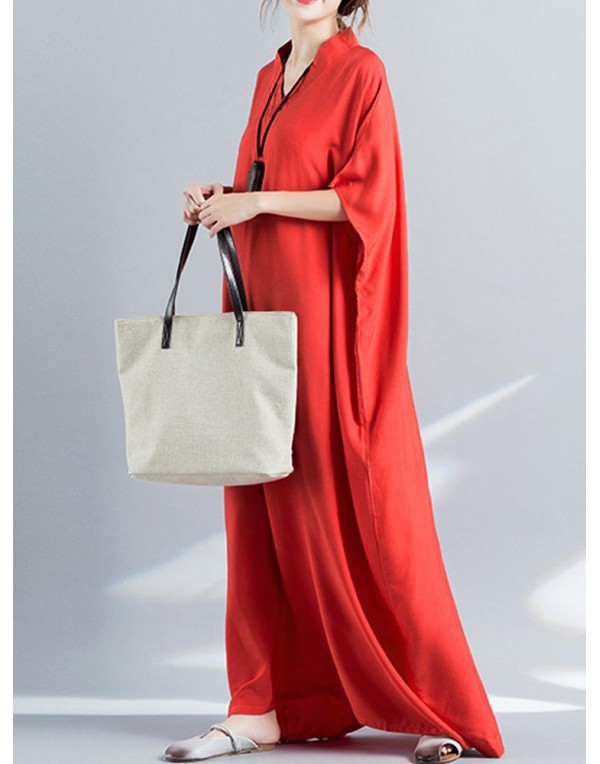 Women Loose Casual Pure Color Batting Sleeve Tunic Maxi Dress