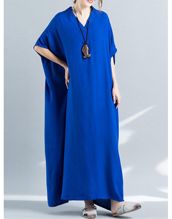 Women Loose Casual Pure Color Batting Sleeve Tunic Maxi Dress