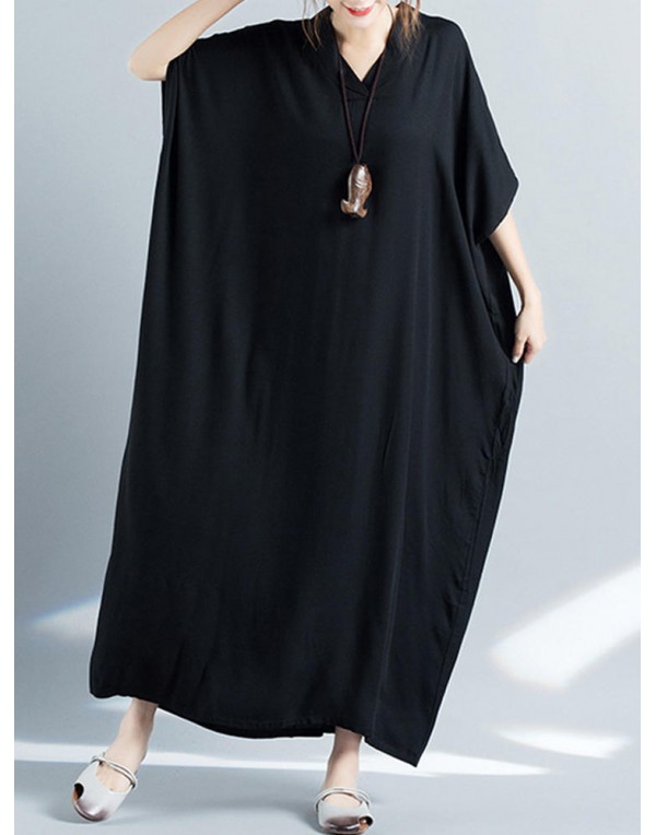 Women Loose Casual Pure Color Batting Sleeve Tunic Maxi Dress