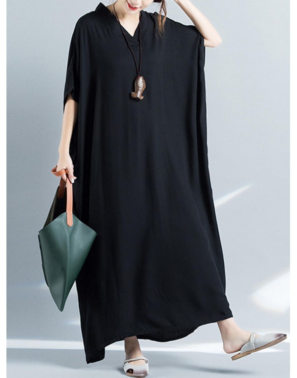 Women Loose Casual Pure Color Batting Sleeve Tunic Maxi Dress