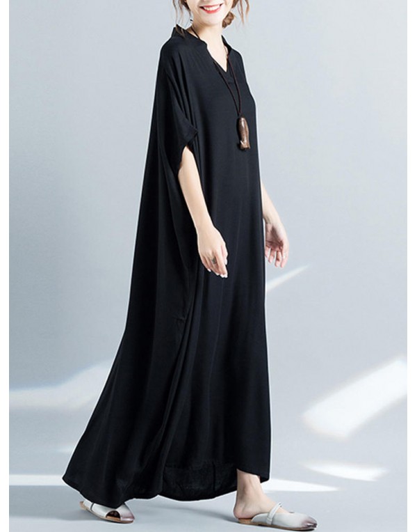 Women Loose Casual Pure Color Batting Sleeve Tunic Maxi Dress