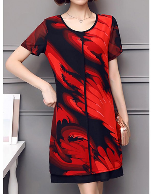 Elegant Women Chiffon Dress Patchwork Flowers Printing Two Layers Dresses