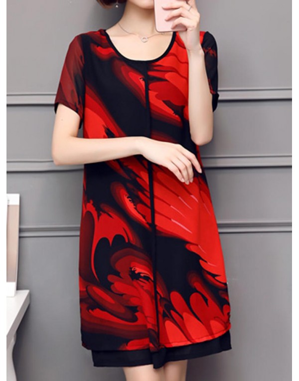 Elegant Women Chiffon Dress Patchwork Flowers Printing Two Layers Dresses