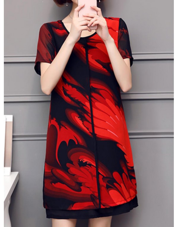 Elegant Women Chiffon Dress Patchwork Flowers Printing Two Layers Dresses