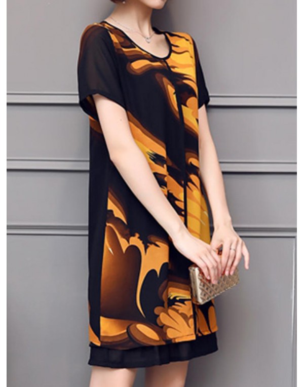 Elegant Women Chiffon Dress Patchwork Flowers Printing Two Layers Dresses